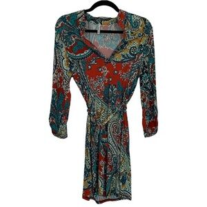 AUDITIONS‎ Women’s Dress Bold Earth Tone Paisley V-neck Tie Waist Long Sleeve M